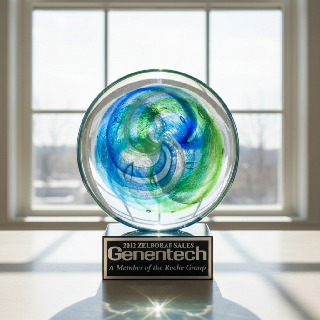Decorative glass sphere with a Genentech label on a reflective surface.