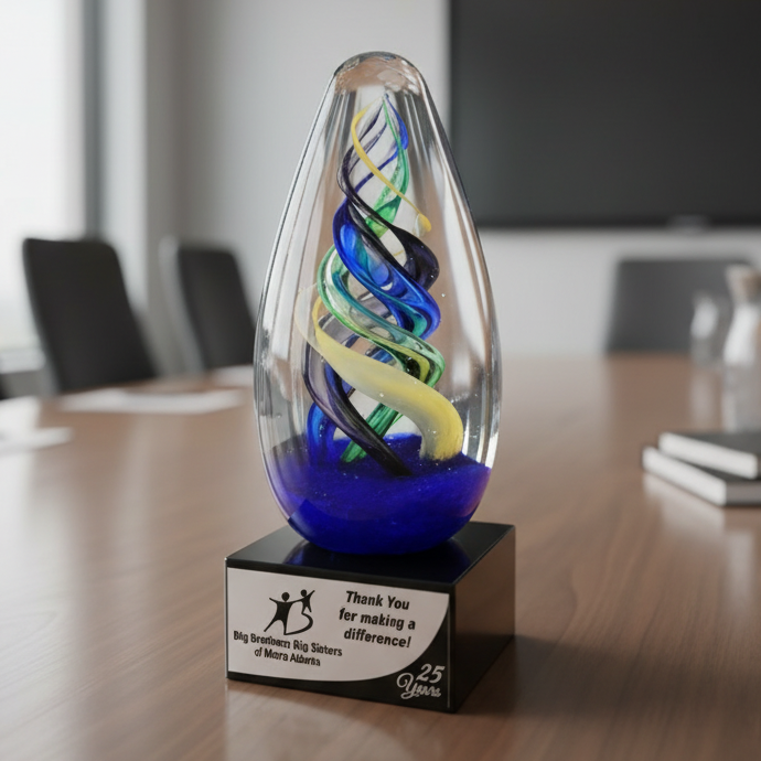 ART GLASS EGG ON BLACK GLASS BASE