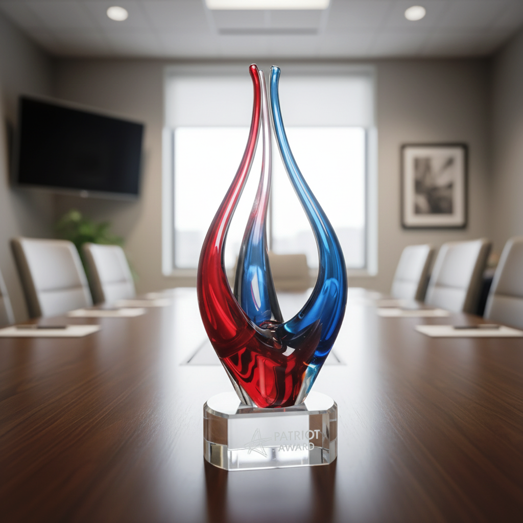 Red and blue glass award on a conference table in an office setting