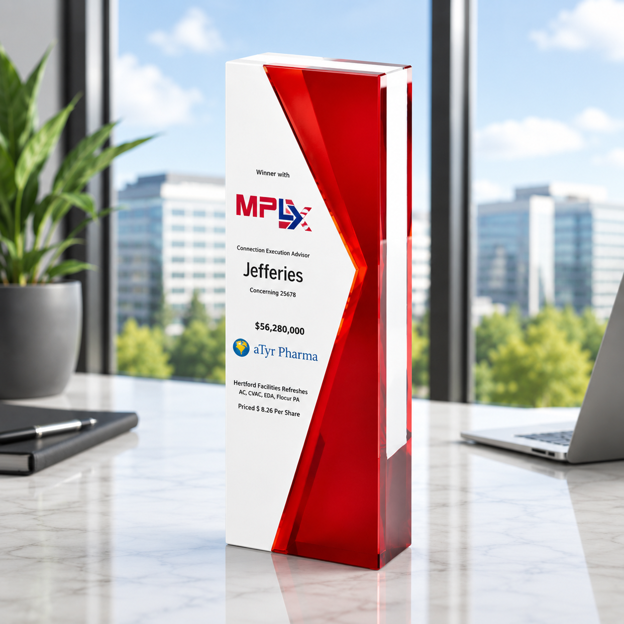 Red and white tower arrow award for high achievement. Financial Tombstone
Lucite Tombstone
Deal Keepsake
Custom Branding