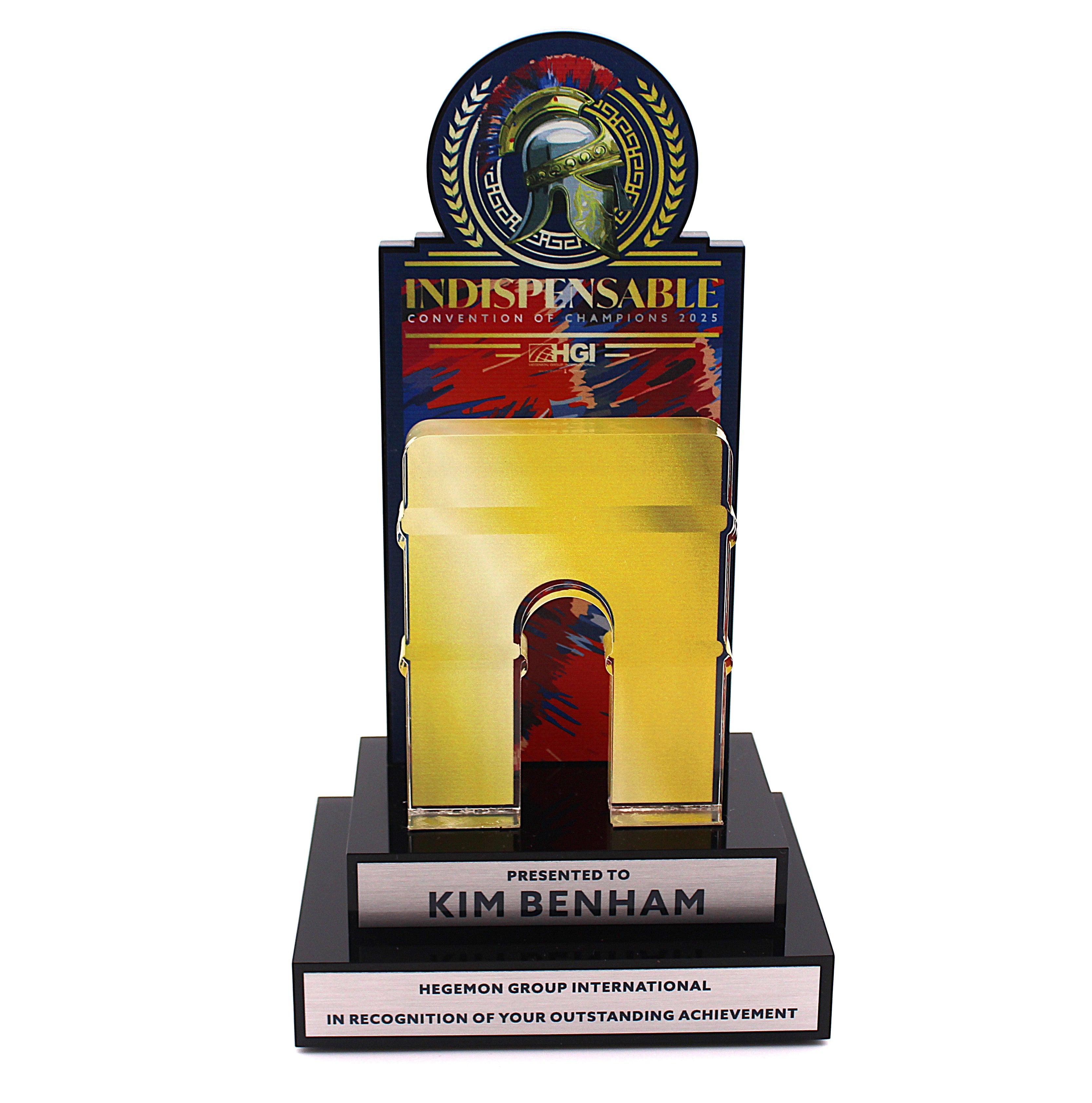 Trophies with a custom tiers and text on a double black bases with engraved plates