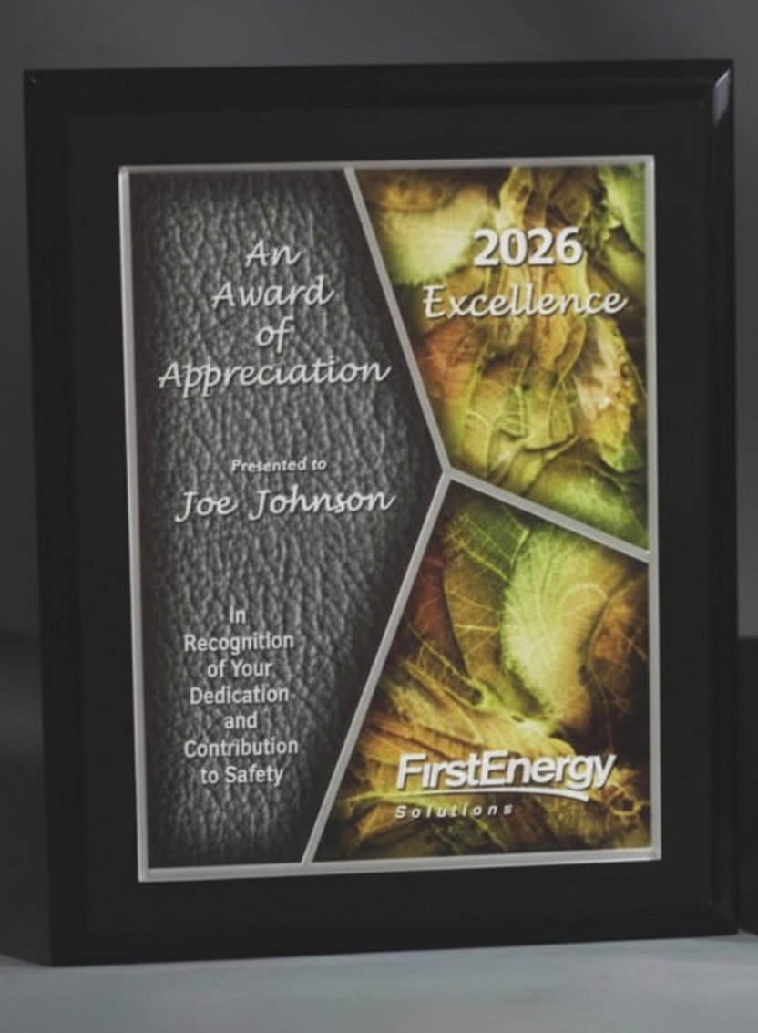 Framed award of appreciation for Joe Johnson from FirstEnergy Solutions with a black border.
