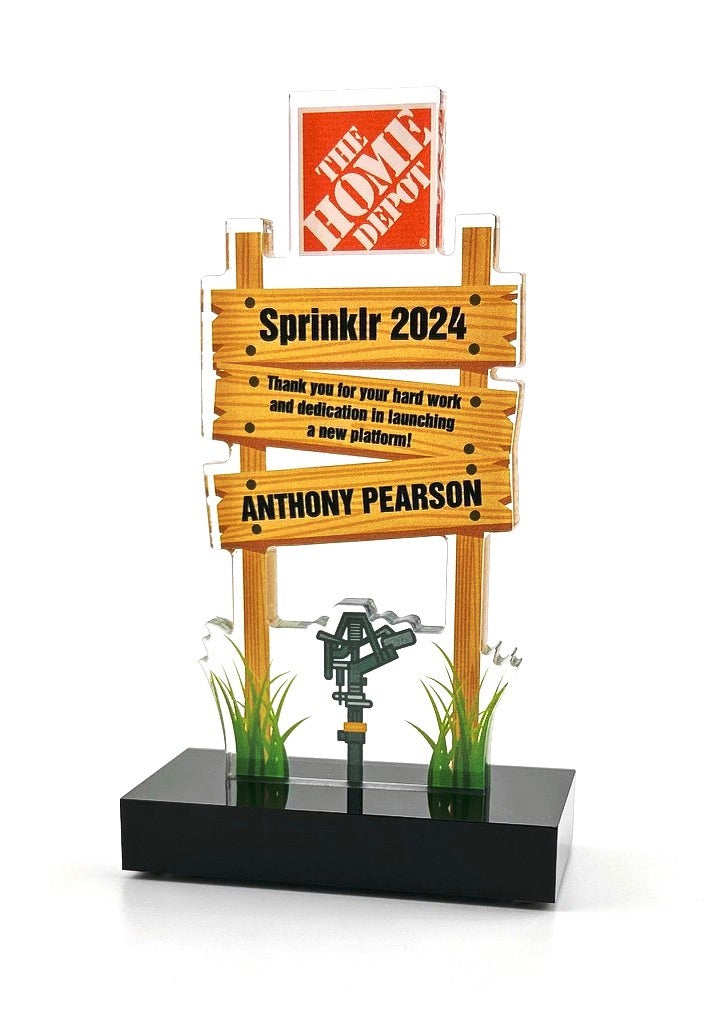 CUSTOM DESIGNED SHAPE AND GRAPHICS ACRYLIC AWARD TROPHY ON 1" BLACK BASE