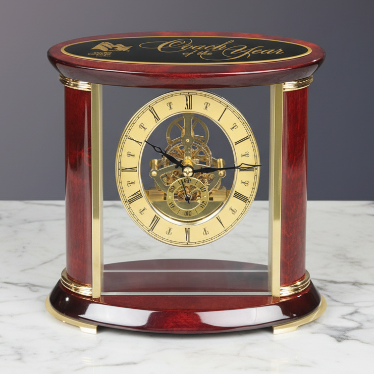 Decorative clock with personalized engraved plate on top surface