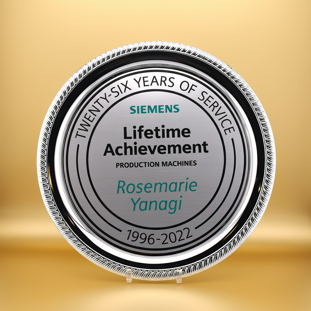 Siemens lifetime achievement award for Rosemarie Yanagi on a gold background