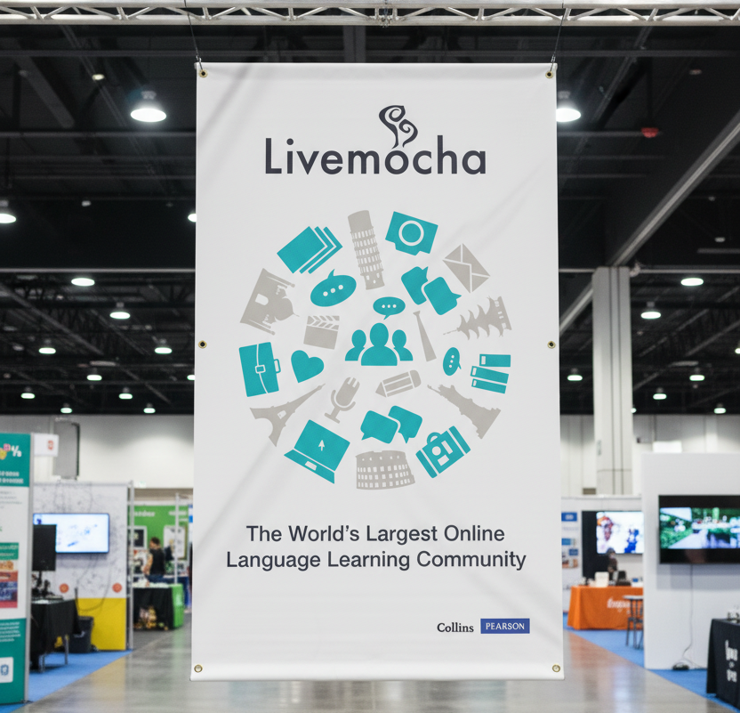 Livemocha banner at a convention center with various icons and text.