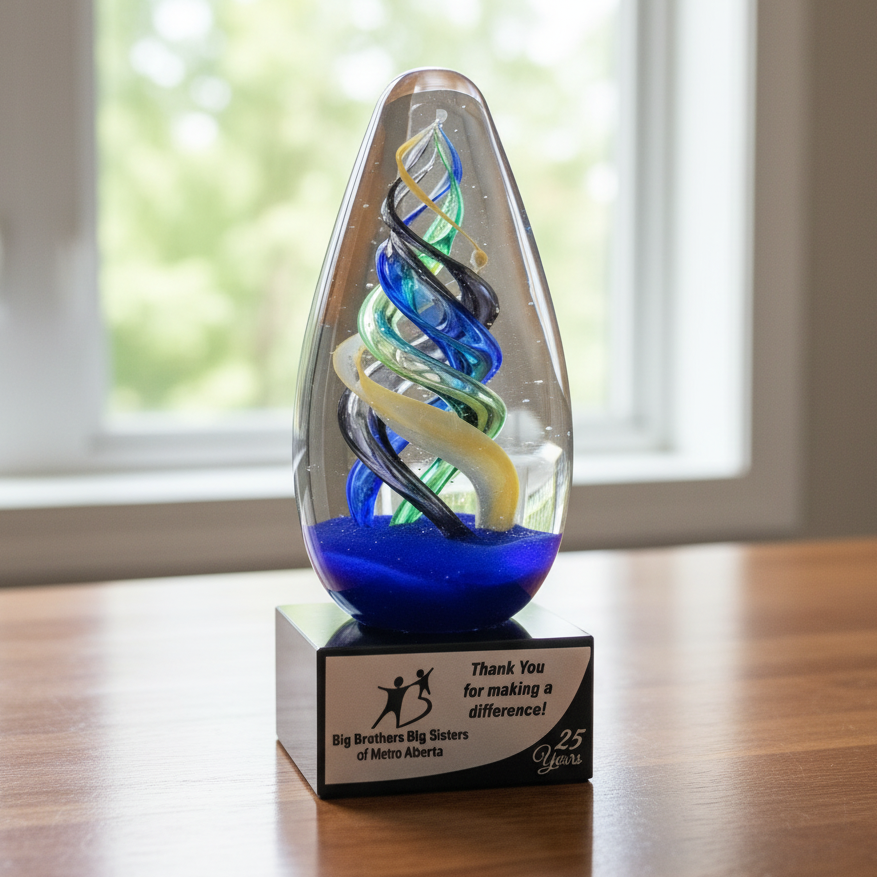 Decorative glass sculpture with colorful swirls on a wooden surface, featuring a 'Big Brothers Big Sisters' plaque.
