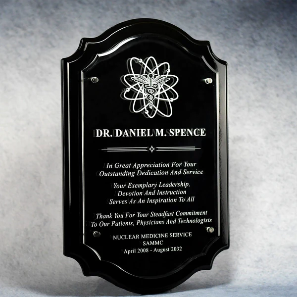 PIANO FINISH SCALLOPED PLAQUE WITH RAISED ACRYLIC, LASER OR FULL UV COLOR