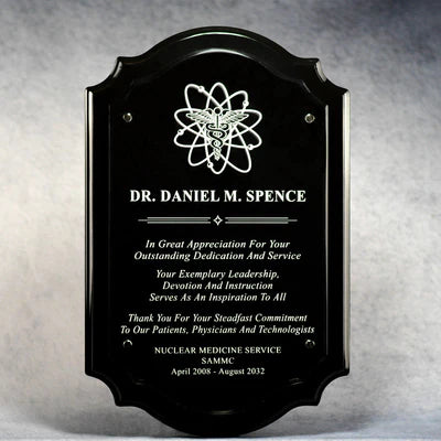 PIANO FINISH SCALLOPED PLAQUE WITH RAISED ACRYLIC, LASER OR FULL UV COLOR