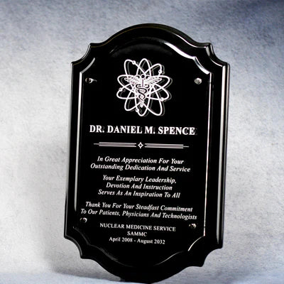PIANO FINISH SCALLOPED PLAQUE WITH RAISED ACRYLIC, LASER OR FULL UV COLOR