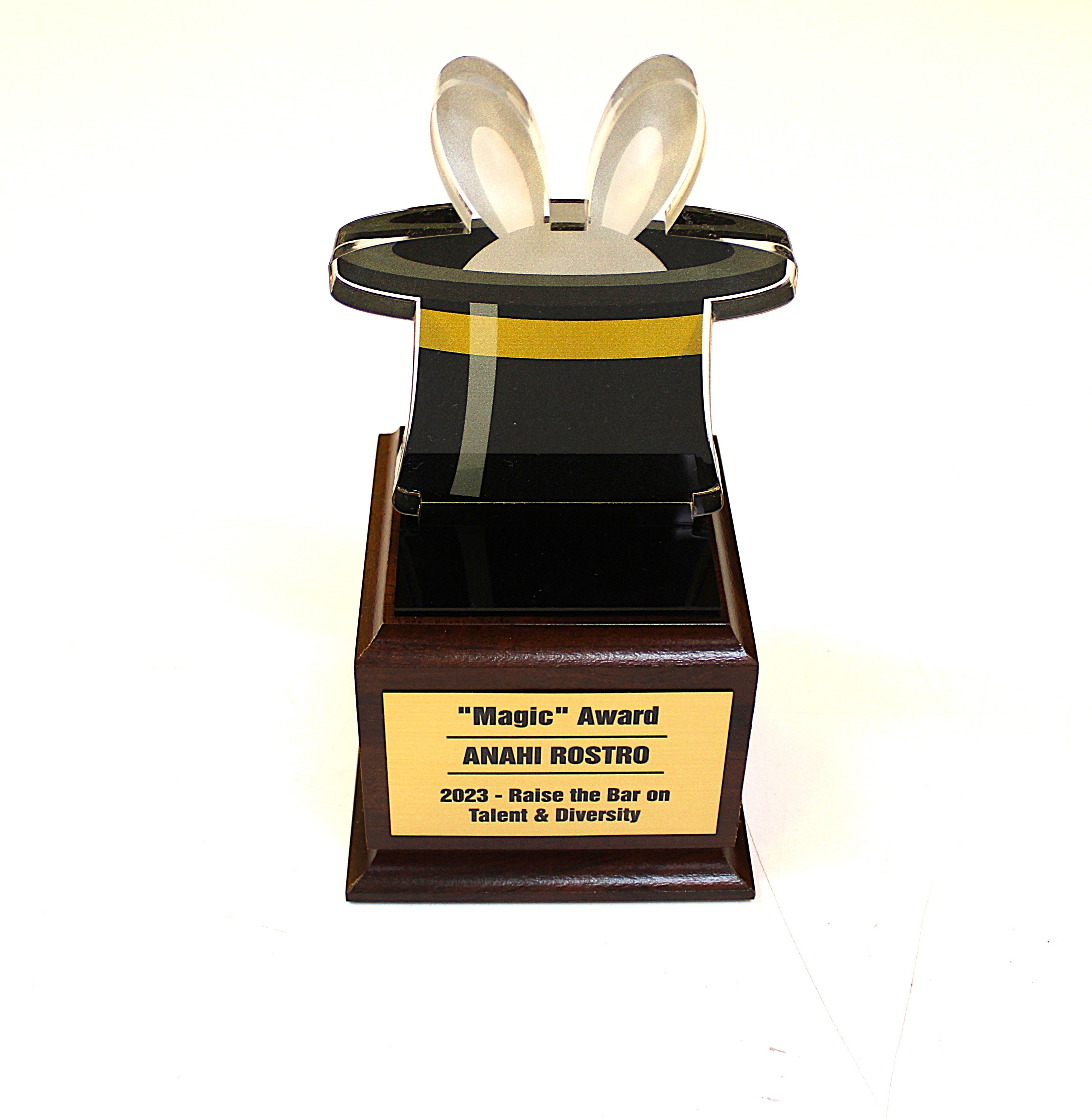 CUSTOM SHAPED ACRYLIC AWARD TROPHY WITH GRAPHICS ON WOOD BASE