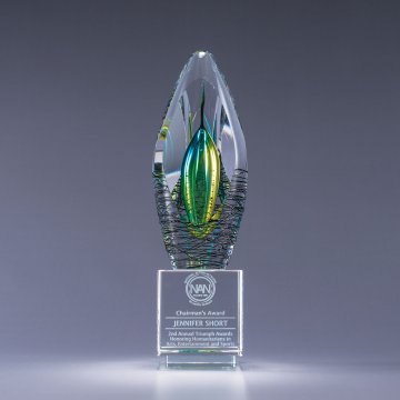 Art Glass award with green and blue design on crystal base with sand etch engraving