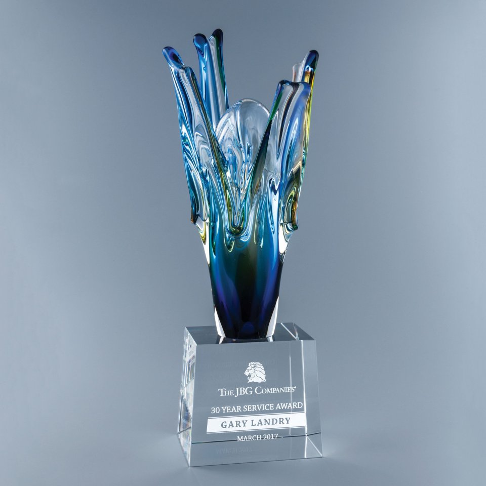 Art Glass award with blue and green abstract design and sand etch engraving Roswell, Atlanta , Midtown , Suwanee