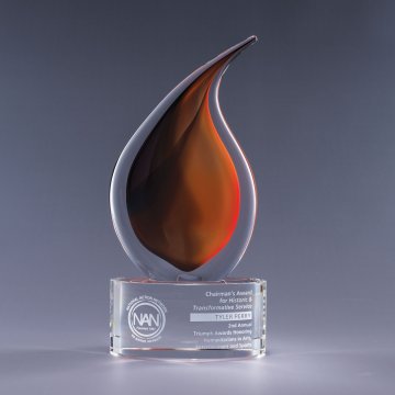 flame style glass award with optic crystal base and sandetch engraving