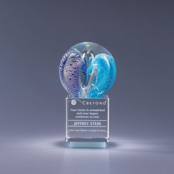 Glass award with blue and purple design and color filled engraving