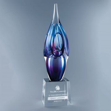 Blue and purple art glass award trophy with sand etch engraving and white color fill lettering. Atlanta, Roswell, Johns Creek