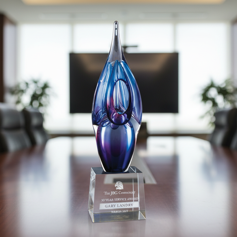 Blue glass sculpture on a wooden table in a conference room