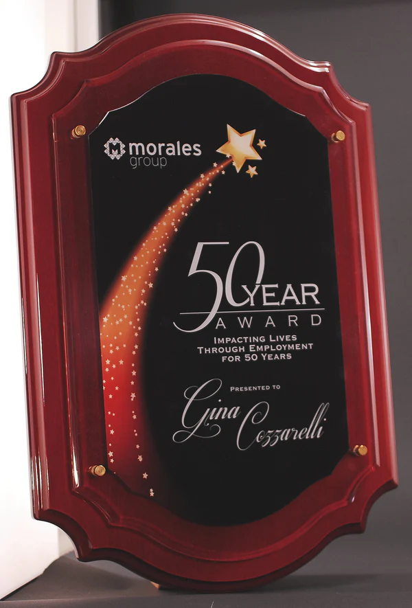 PIANO FINISH SCALLOPED PLAQUE WITH RAISED ACRYLIC, LASER OR FULL UV COLOR