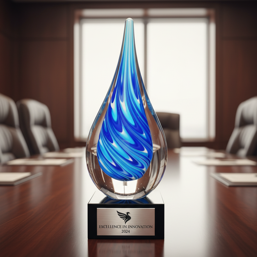 Blue and silver glass award on a conference table with 'Excellence in Innovation 2024' text.