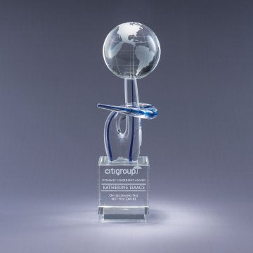 crystal glass award with a globe design and sand etch engraving