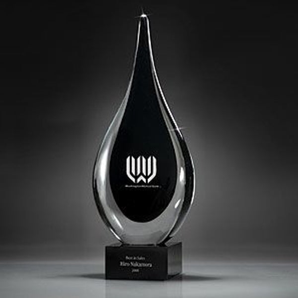 13" BLACK CRYSTAL TEAR DROP AWARD| CUSTOM SAND-ETCH OR LASER ENGRAVED
