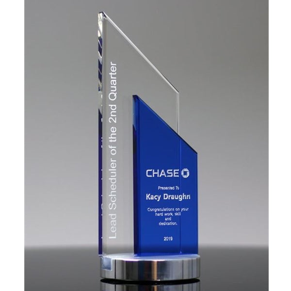 BLUE/CLEAR CRYSTAL TOWER sophisticated and elegant deep etched award crystal glass award ATLANTA CRYSTAL AWARD