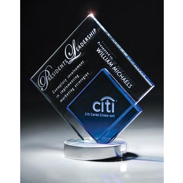 BLUE/CLEAR CRYSTAL DOUBLE DIAMOND SAND ETCH ENGRAVED awards of excellence by Specialty Engraving Atlanta awards
