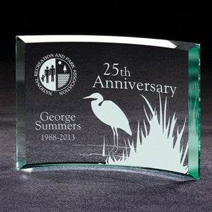 Jade Crystal Beveled Crescent curved landscape jade glass design provides a panoramic backdrop