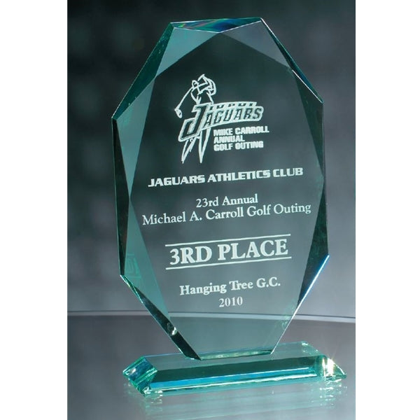 Jade Crystal tower on base faceted edges with sand etch engraving for a prestigious award