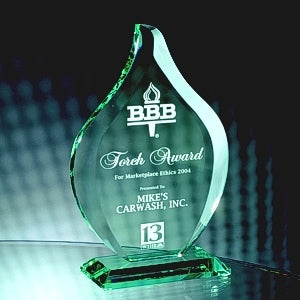 Jade Crystal Flame Trophy Award for honoring top achievers. Perfect for custom etching of your logo and text.