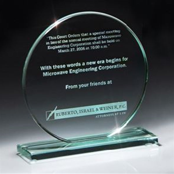 Jade crystal circle sand etched on a jade crystal base. Affordable and prestigious awards in atlanta