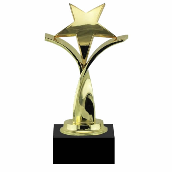 A gold-colored metal award figure with a twisting star design mounted on a black marble base.