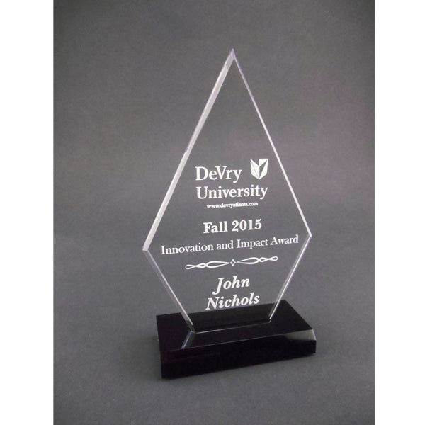 ACRYLIC DIAMOND WITH BLACK BASE Tailored for celebrating milestones in Athletics, Academics, Corporate triumphs, Sales prowess, Leadership, Retirement, Years of Service, and more.