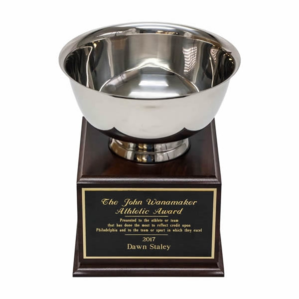 SILVER BOWL ON WALNUT BASE