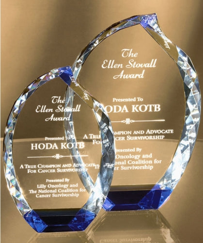 OPTIC CRYSTAL MULTI-FACETED BLUE ACCENT FLAME AWARD FOR RECOGNIZING EXCELLENCE SAND ETCH ENGRAVED.
