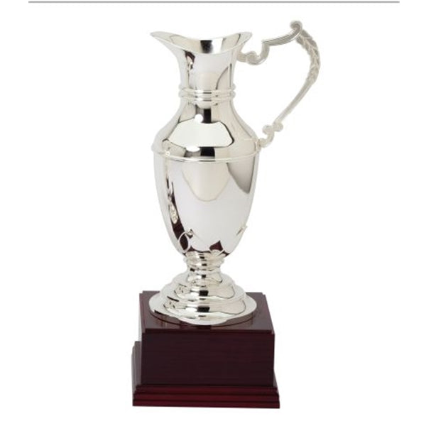 CLARET JUG SILVER PLATED ON WOOD BASE