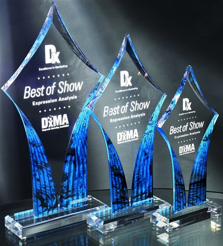 BLUE / CLEAR DIAMOND ACRYLIC LASER ENGRAVED TROPHY AWARDS BY SPECIALTY ENGRAVING ATLANTA