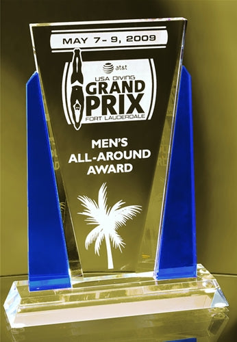 BLUE/CLEAR OPTIC CRYSTAL SPOTLIGHT crystal award trophy shines the light on excellence and achievement.