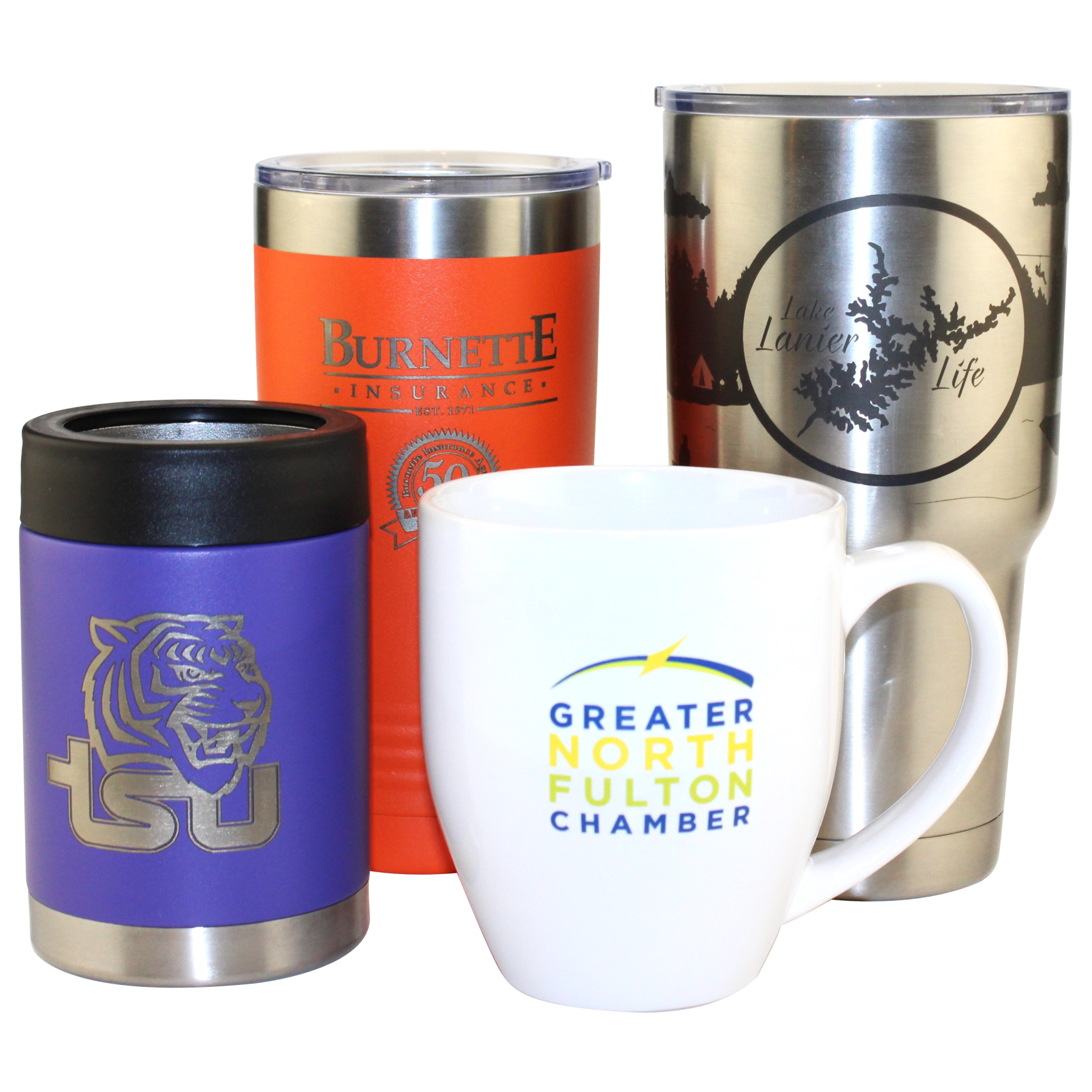 "Custom engraved barware, stemware, tumblers, cups, and mugs from Specialty Engraving in stainless steel, ceramic, or assorted colors. Laser engraving or full-color UV print personalization with your message and logo, perfect for promotions or gifts.