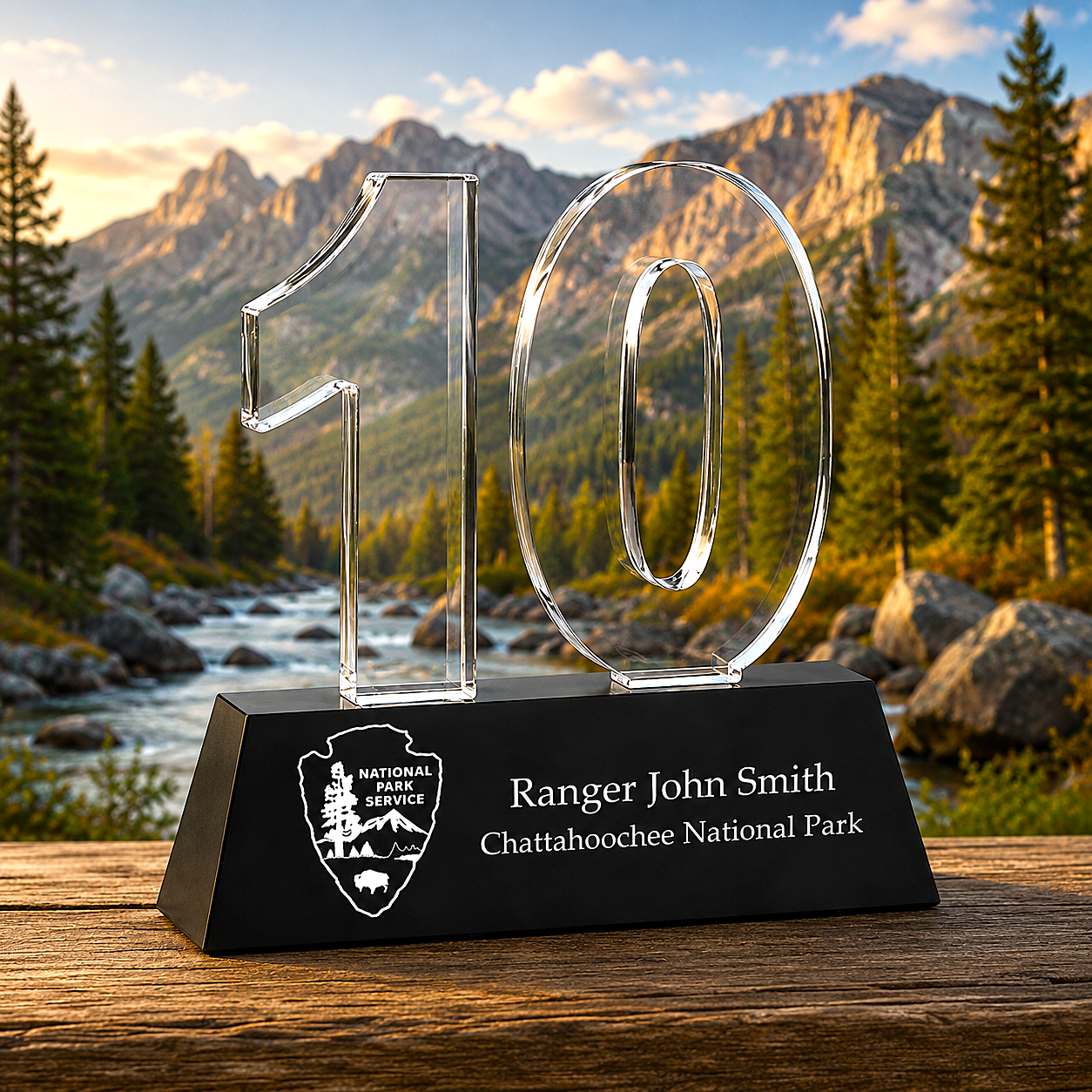 Clear glass number '10' on a black base with a National Park Service logo, set against a scenic mountain backdrop.