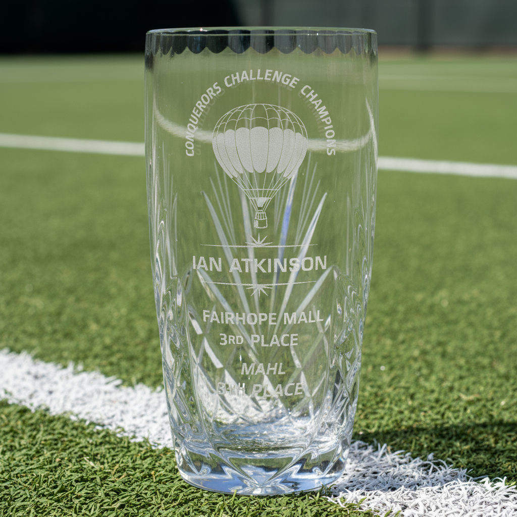 Glass trophy vase with engraved text and design on a grassy field