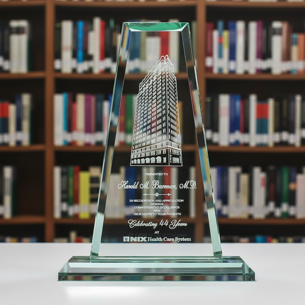 Glass award with engraved text on a surface in front of a bookshelf