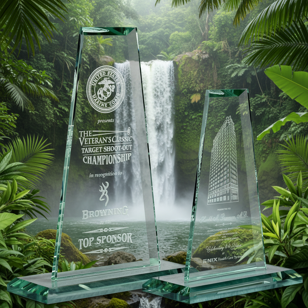 Two glass awards with engraved text in front of a waterfall and lush greenery