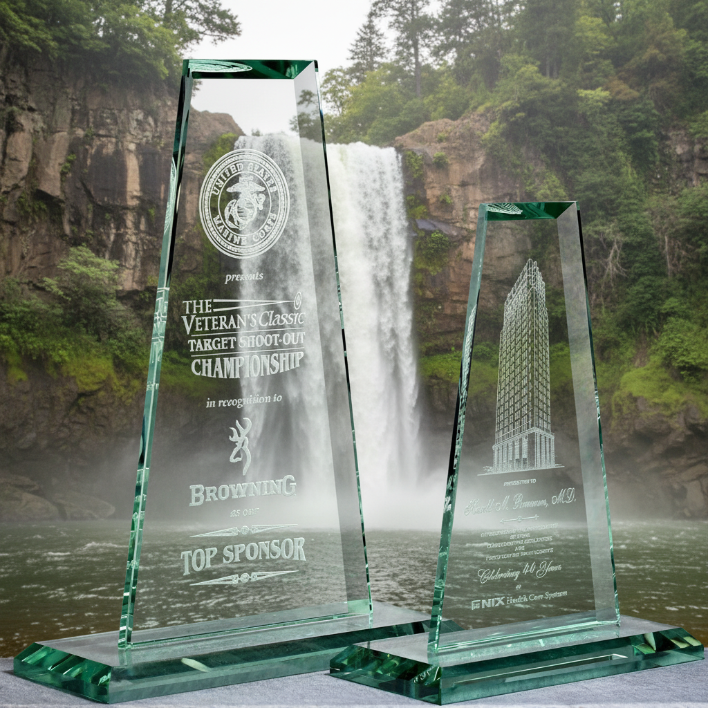 Two glass awards with engraved text and logos on a waterfall background