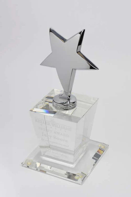 Polished metal star trophy mounted on a clear crystal base, modern, elegant, and award-ready design