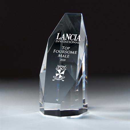 An optic crystal silhouette tower award with SAND ETCH engraved text and logo, 
