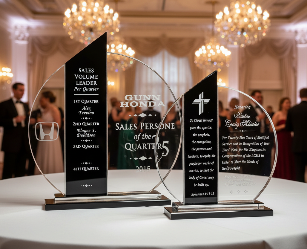 Crystal awards clear with black tower accent and sand etch engraved text and logos 