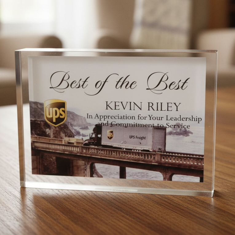 Acrylic award with 'Best of the Best' text and corporate logo on a wooden surface.