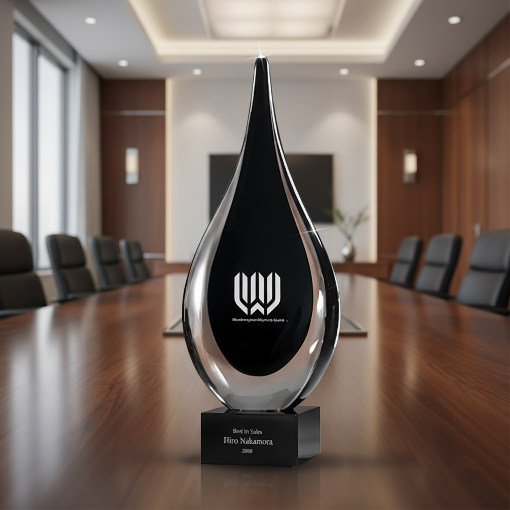 Decorative award on a conference table in a modern office setting