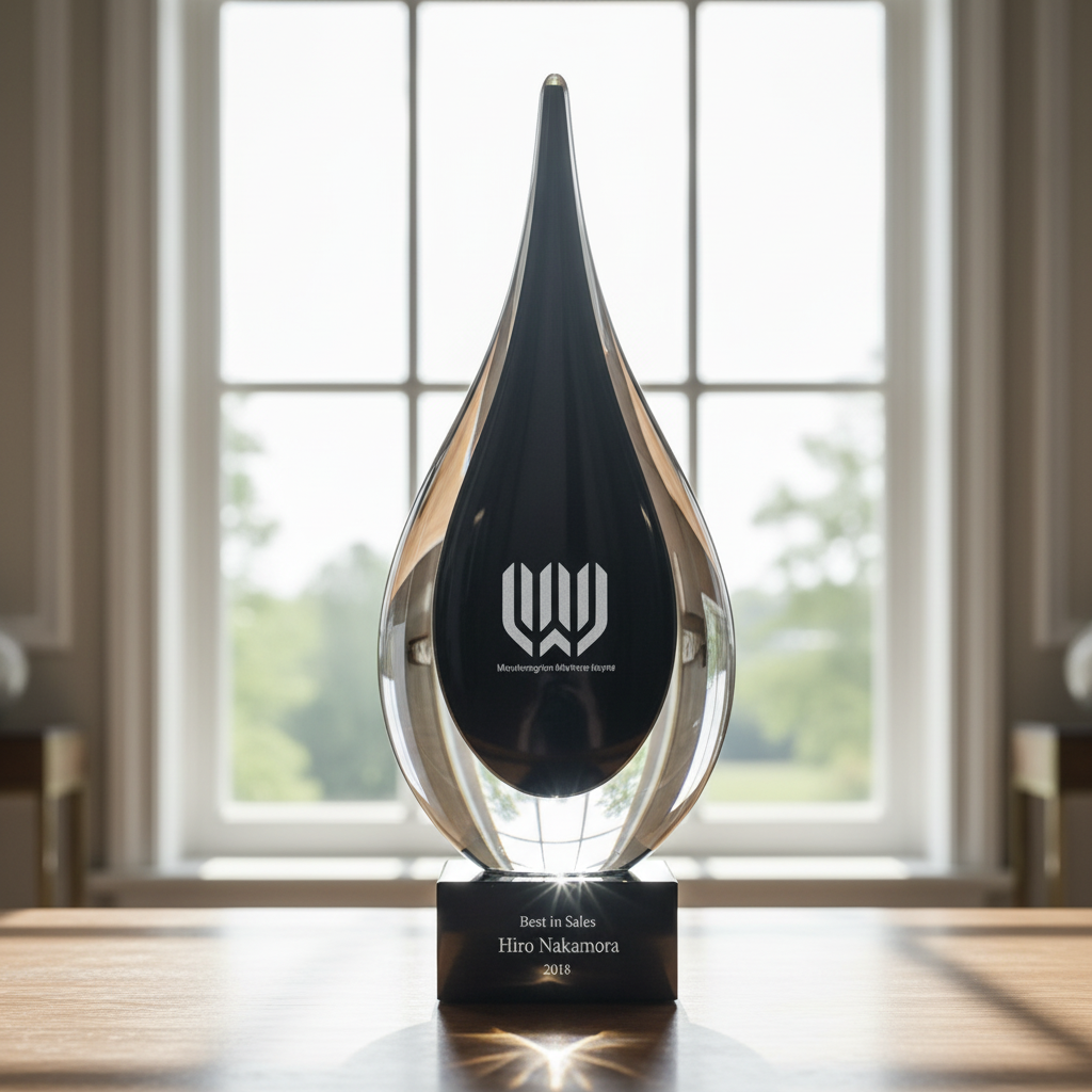 Decorative glass award with a logo on a wooden surface